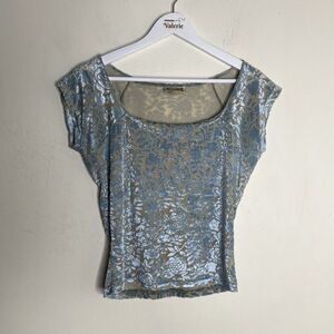 Caffeine USA Vintage 90s Beige & Blue Mesh Velvet Floral Top Off Shoulder Large